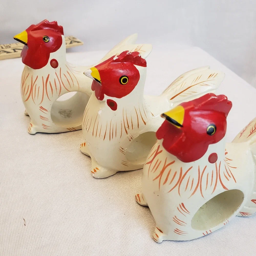 VTG Set 6 Chicken Napkin‎ Rings Farmhouse Cottage Wood Folk Art Hand Painted